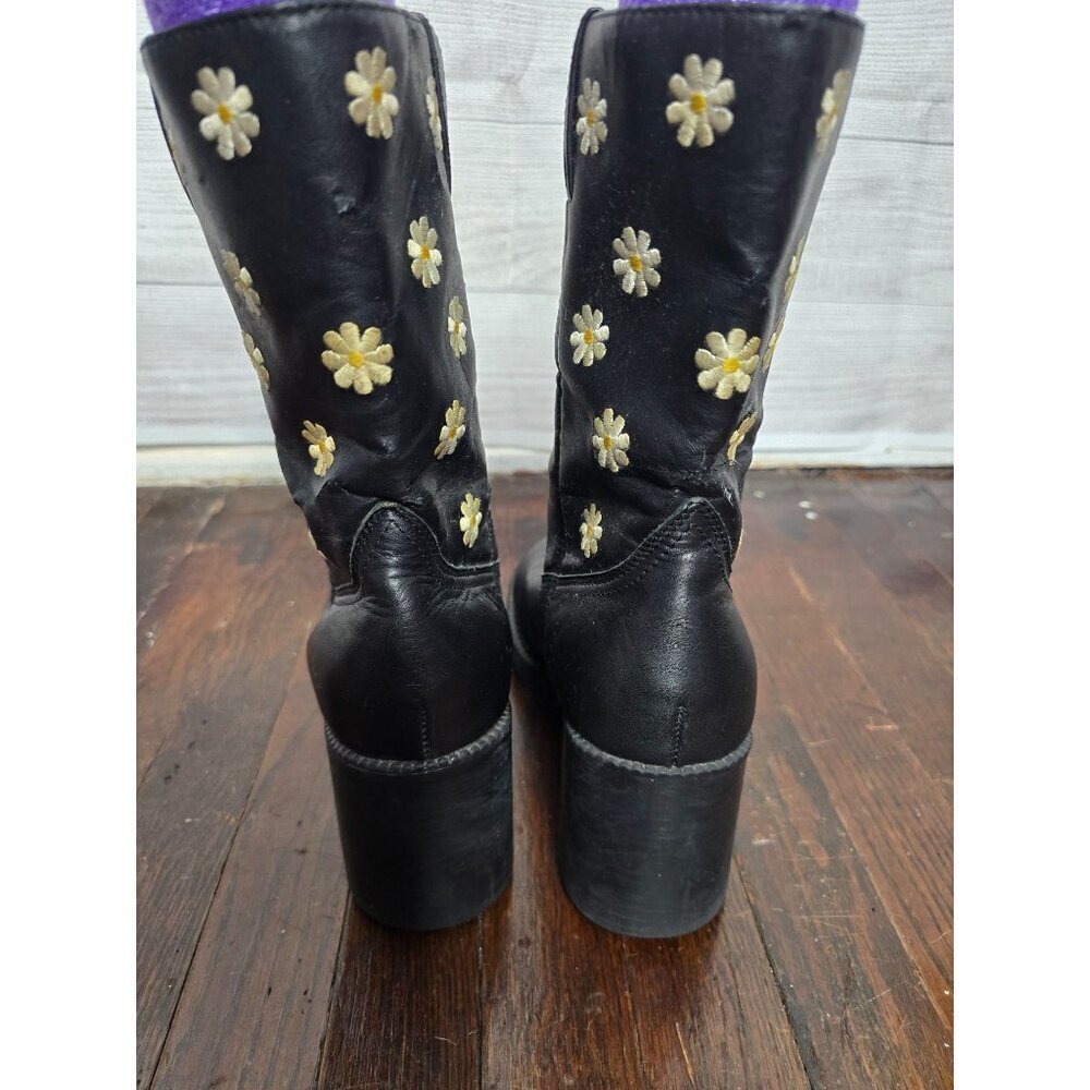 Vintage 90s Y2K Black Daisy Sketchers Grunge Mid-Calf Boots - Picture 6 of 16